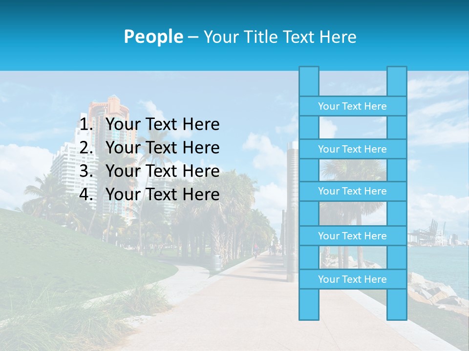A Walkway With Palm Trees And A Body Of Water In The Background PowerPoint Template
