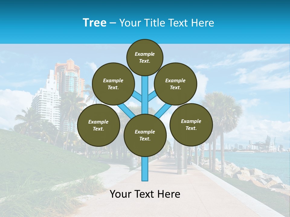 A Walkway With Palm Trees And A Body Of Water In The Background PowerPoint Template