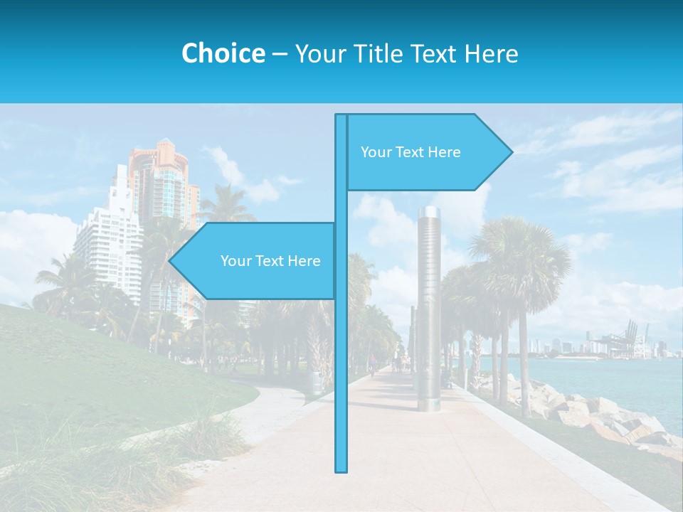 A Walkway With Palm Trees And A Body Of Water In The Background PowerPoint Template