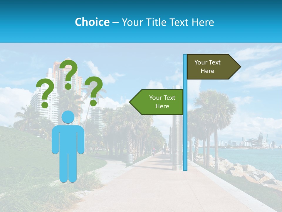A Walkway With Palm Trees And A Body Of Water In The Background PowerPoint Template