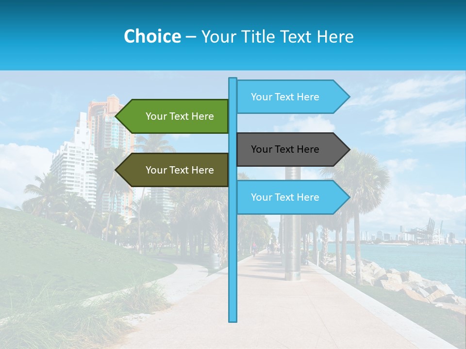 A Walkway With Palm Trees And A Body Of Water In The Background PowerPoint Template