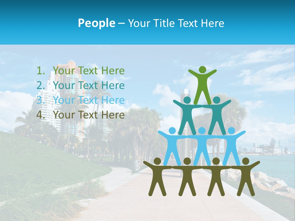 A Walkway With Palm Trees And A Body Of Water In The Background PowerPoint Template