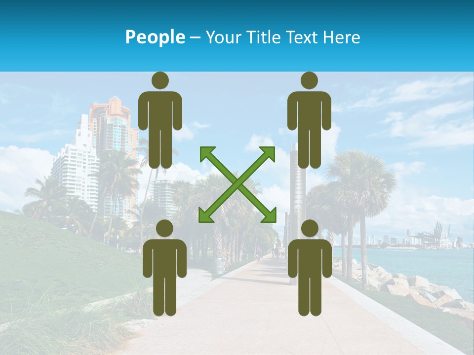 A Walkway With Palm Trees And A Body Of Water In The Background PowerPoint Template