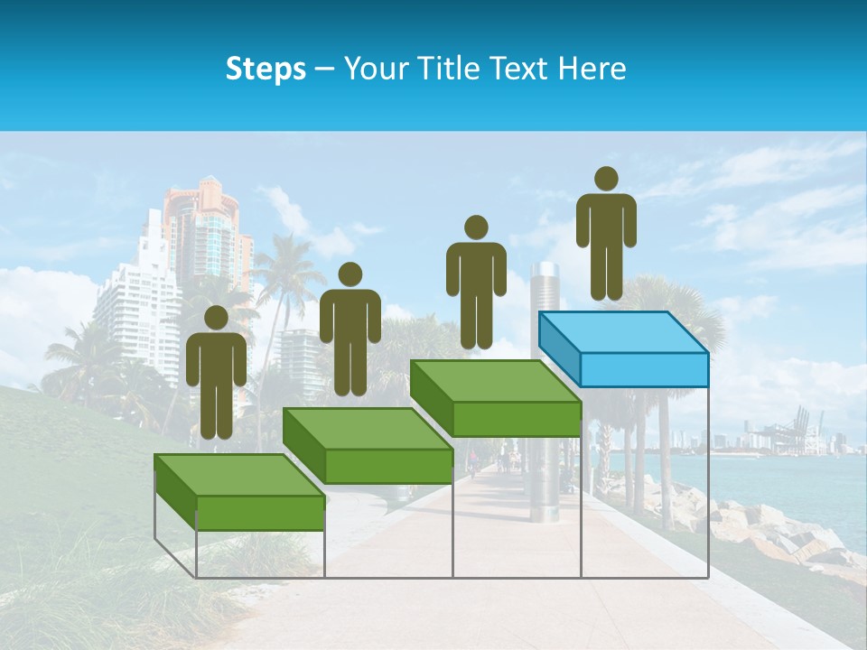 A Walkway With Palm Trees And A Body Of Water In The Background PowerPoint Template