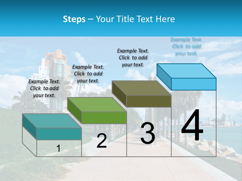 A Walkway With Palm Trees And A Body Of Water In The Background PowerPoint Template