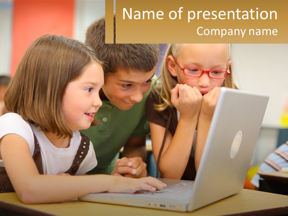 A Group Of Children Looking At A Laptop PowerPoint Template