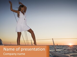A Woman In A White Dress Is Standing On A Boat PowerPoint Template