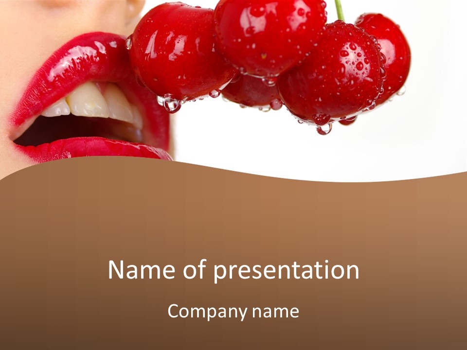 A Woman Biting Into Some Cherries With Her Mouth Open PowerPoint Template