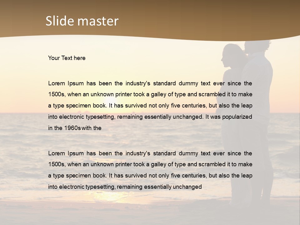 Two People Standing On A Beach At Sunset PowerPoint Template