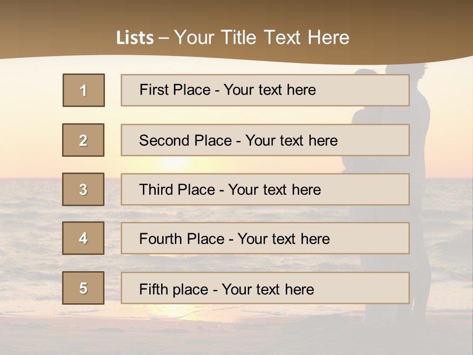 Two People Standing On A Beach At Sunset PowerPoint Template