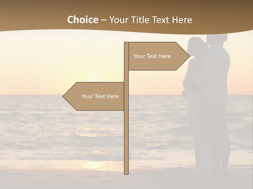 Two People Standing On A Beach At Sunset PowerPoint Template