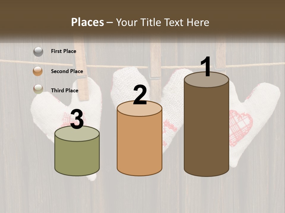 Three Hearts Hanging On A Clothes Line With Clothes Pins PowerPoint Template