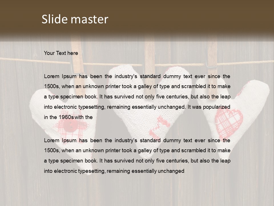 Three Hearts Hanging On A Clothes Line With Clothes Pins PowerPoint Template