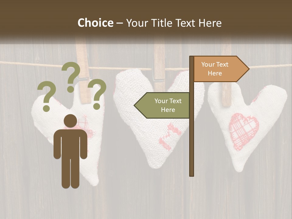 Three Hearts Hanging On A Clothes Line With Clothes Pins PowerPoint Template