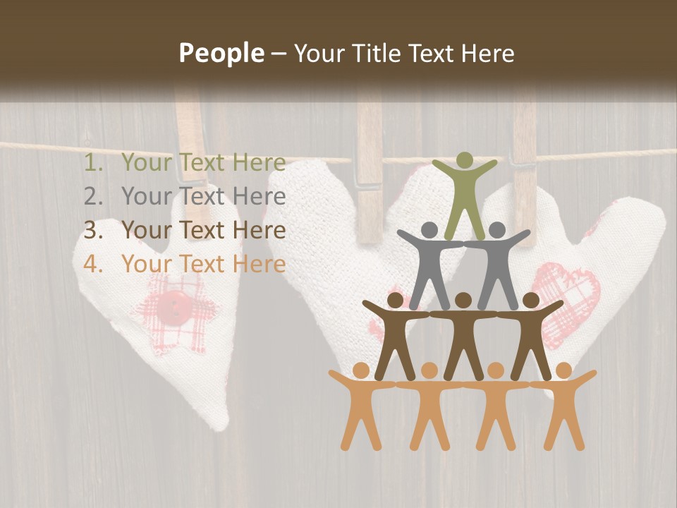 Three Hearts Hanging On A Clothes Line With Clothes Pins PowerPoint Template