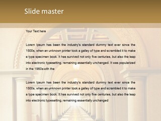 A Long Hallway With Columns And A Light At The End PowerPoint Template