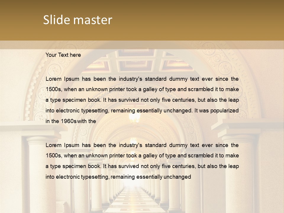 A Long Hallway With Columns And A Light At The End PowerPoint Template
