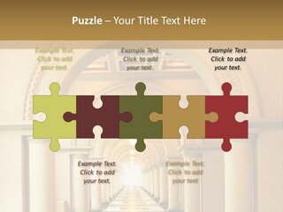 A Long Hallway With Columns And A Light At The End PowerPoint Template
