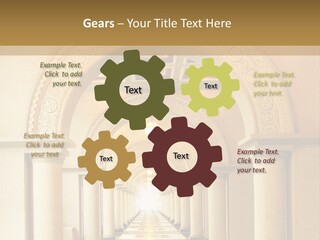A Long Hallway With Columns And A Light At The End PowerPoint Template