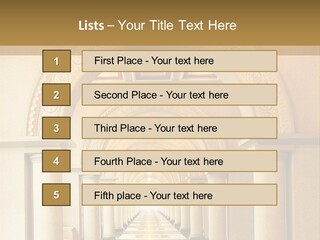 A Long Hallway With Columns And A Light At The End PowerPoint Template