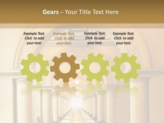 A Long Hallway With Columns And A Light At The End PowerPoint Template