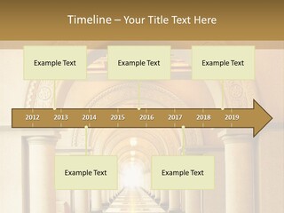 A Long Hallway With Columns And A Light At The End PowerPoint Template