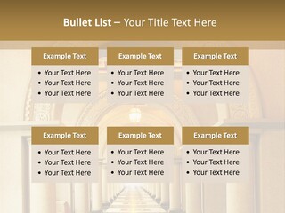 A Long Hallway With Columns And A Light At The End PowerPoint Template