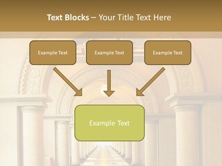 A Long Hallway With Columns And A Light At The End PowerPoint Template