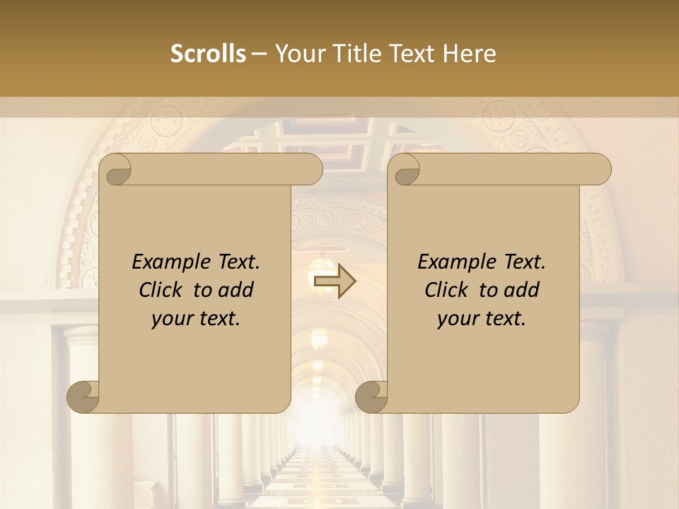 A Long Hallway With Columns And A Light At The End PowerPoint Template