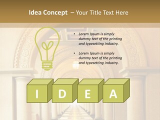 A Long Hallway With Columns And A Light At The End PowerPoint Template