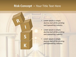 A Long Hallway With Columns And A Light At The End PowerPoint Template