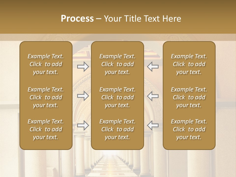 A Long Hallway With Columns And A Light At The End PowerPoint Template