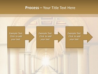 A Long Hallway With Columns And A Light At The End PowerPoint Template
