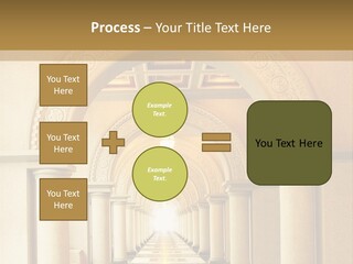 A Long Hallway With Columns And A Light At The End PowerPoint Template