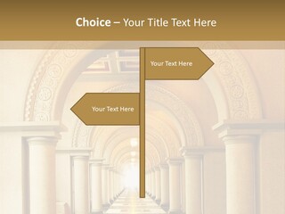 A Long Hallway With Columns And A Light At The End PowerPoint Template