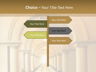 A Long Hallway With Columns And A Light At The End PowerPoint Template