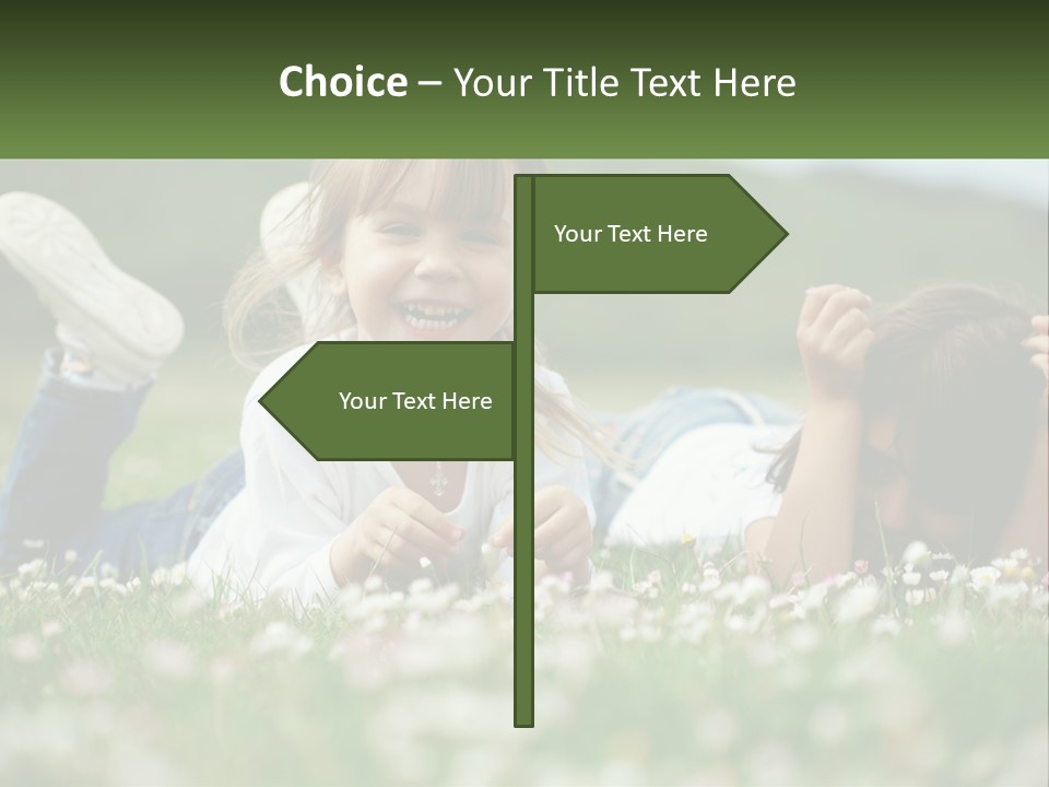Two Young Girls Laying In The Grass With A Name Plate PowerPoint Template