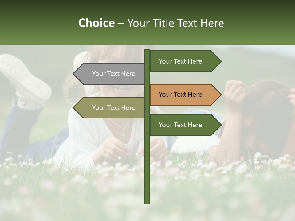 Two Young Girls Laying In The Grass With A Name Plate PowerPoint Template