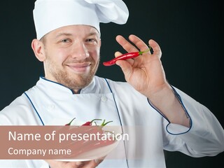 A Man In A Chef's Uniform Holding A Chili PowerPoint Template