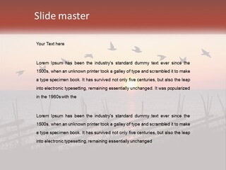 A Flock Of Birds Flying Over The Ocean At Sunset PowerPoint Template