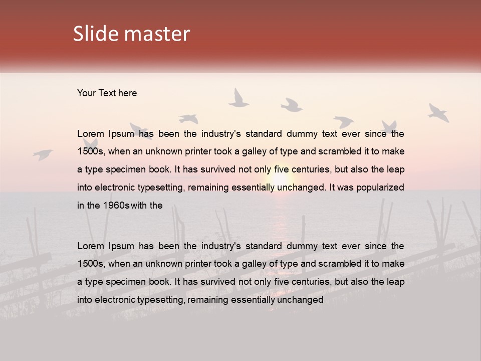 A Flock Of Birds Flying Over The Ocean At Sunset PowerPoint Template