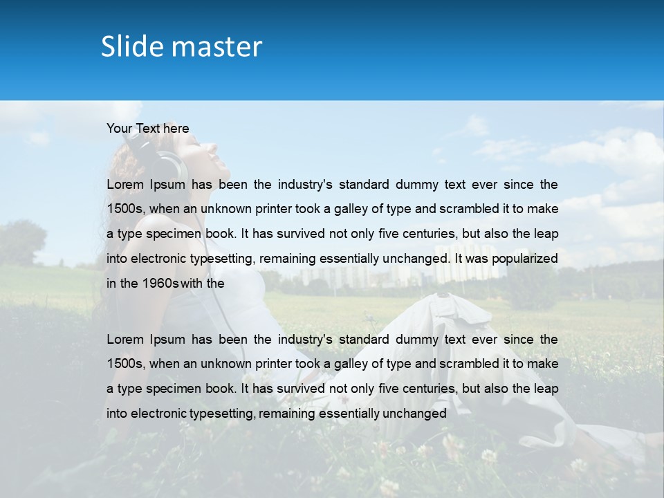 A Woman Sitting In The Grass Listening To Music PowerPoint Template