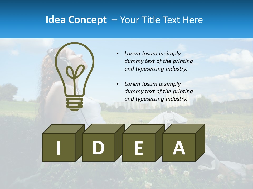 A Woman Sitting In The Grass Listening To Music PowerPoint Template