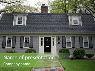 A Gray House With Black Shutters And A Black Door PowerPoint Template
