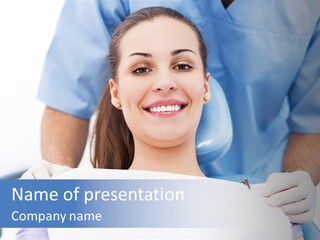 A Smiling Woman In A Dental Chair With A Dentist In The Background PowerPoint Template