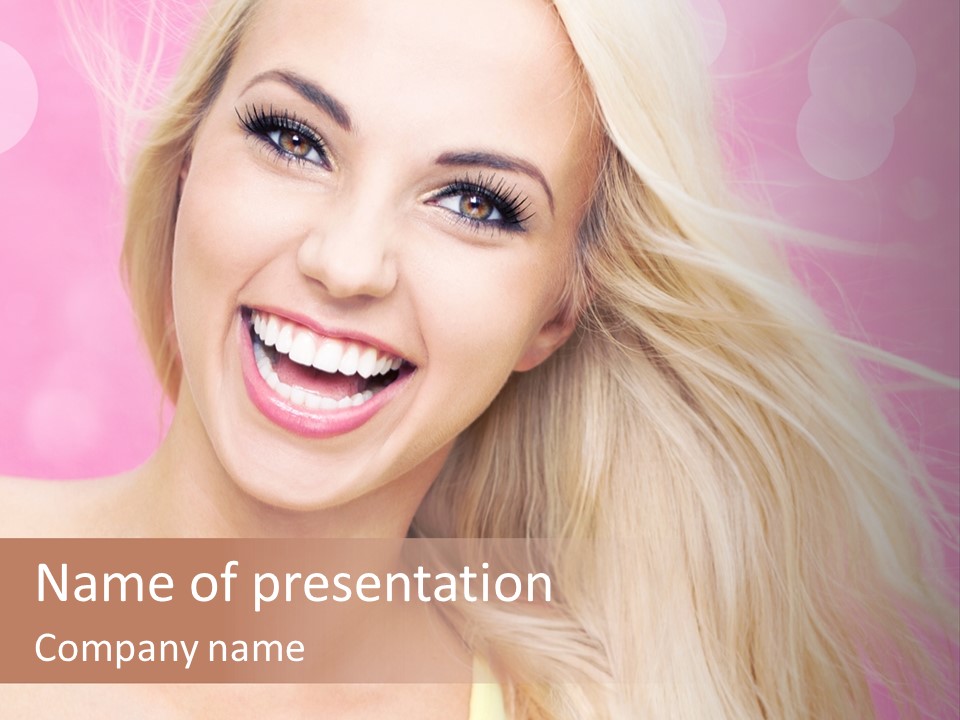 A Woman With Blonde Hair Is Smiling For The Camera PowerPoint Template