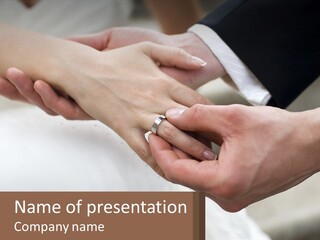 A Bride And Groom Holding Hands With A Ring On Their Finger PowerPoint Template