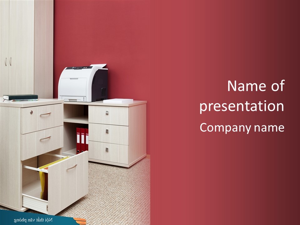 A Computer Desk With A Printer On Top Of It PowerPoint Template