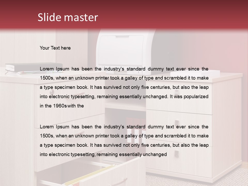 A Computer Desk With A Printer On Top Of It PowerPoint Template