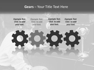 A Woman With Headphones Sitting In Front Of A Radio PowerPoint Template